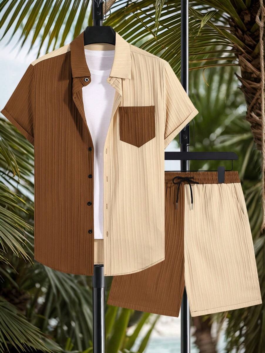 Manfinity KASUA Men's Contrasting Color Button Front Short Sleeve Top And Shorts Woven Beach Set, Ha